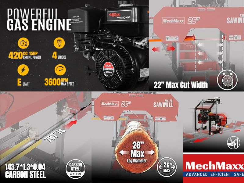 Aserradero portatil de 26" con motor a gasolina de 15 hp 420 CC MechMaxx SM26