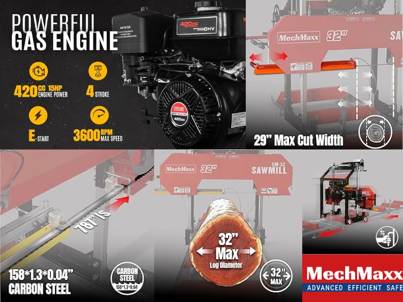 Aserradero portatil de 32" con motor a gasolina de 15 hp 420 CC MechMaxx SM32