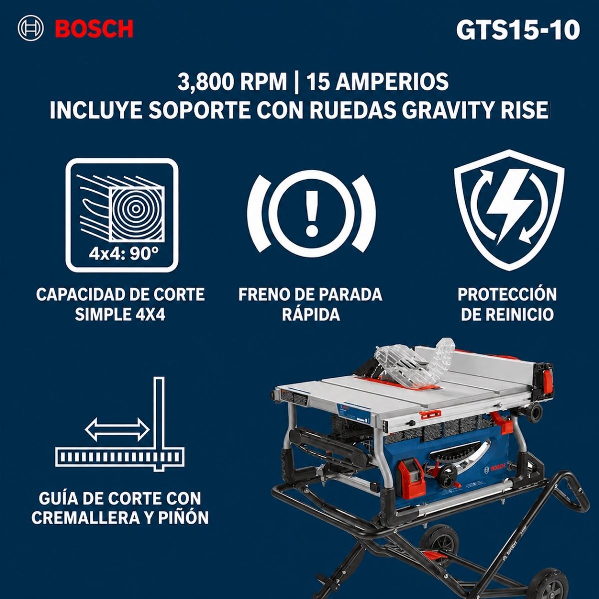 Sierra de mesa portatil de 10" con soporte con ruedas Bosch GTS15-10