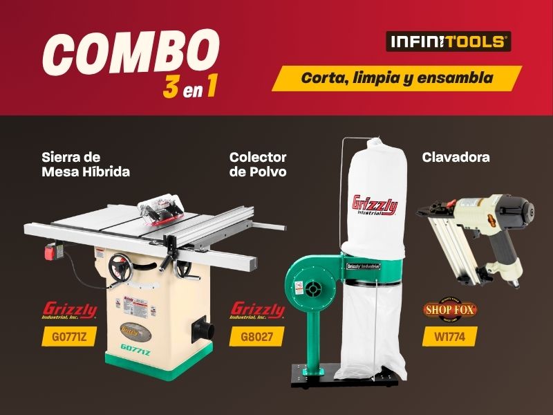 Sierra de mesa híbrida de 10" 2 HP G0771Z + Colector 1HP G8027 + Clavadora Neumatica Cal.18 W1774