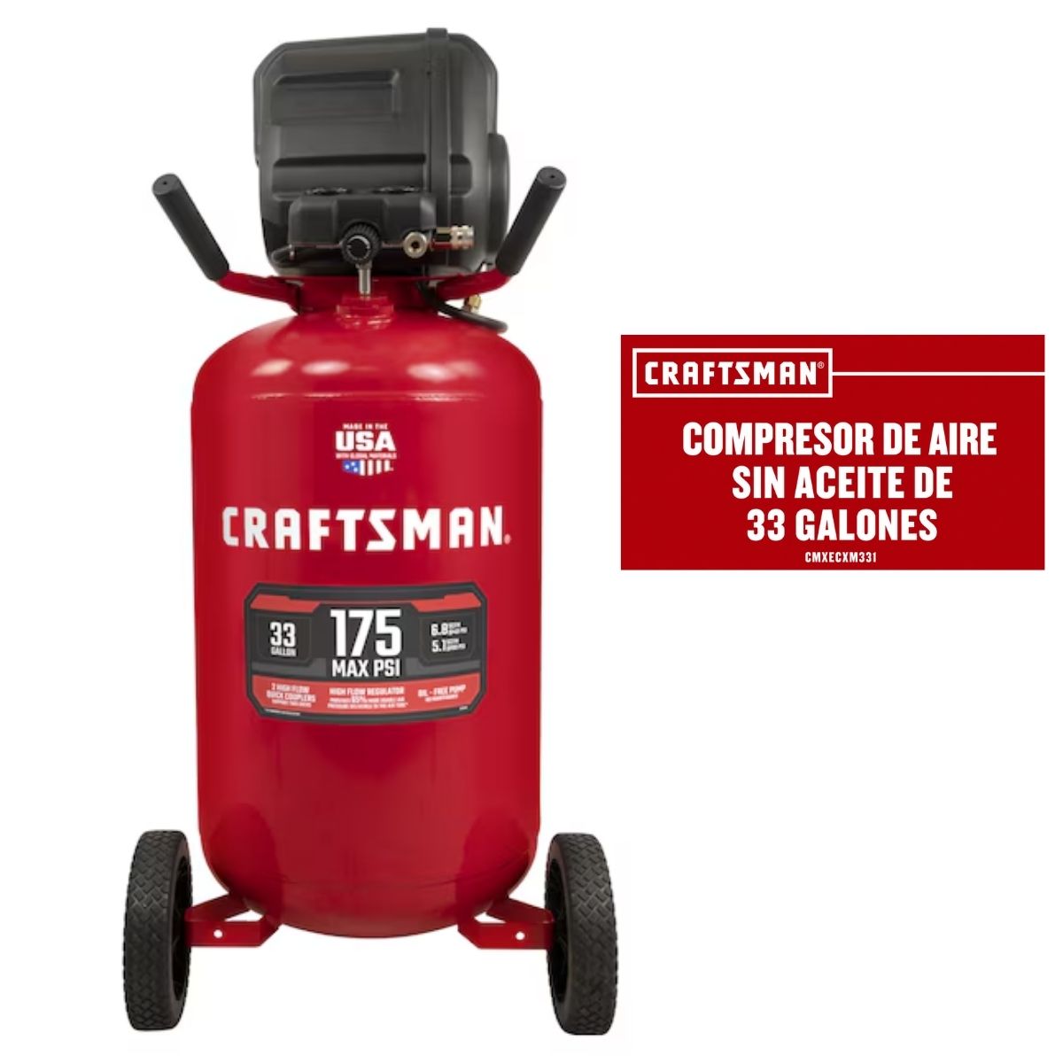 Compresor de aire vertical eléctrico portátil de 33 GAL/ 125 Lt y 175 psi Craftsman CMXECXM331