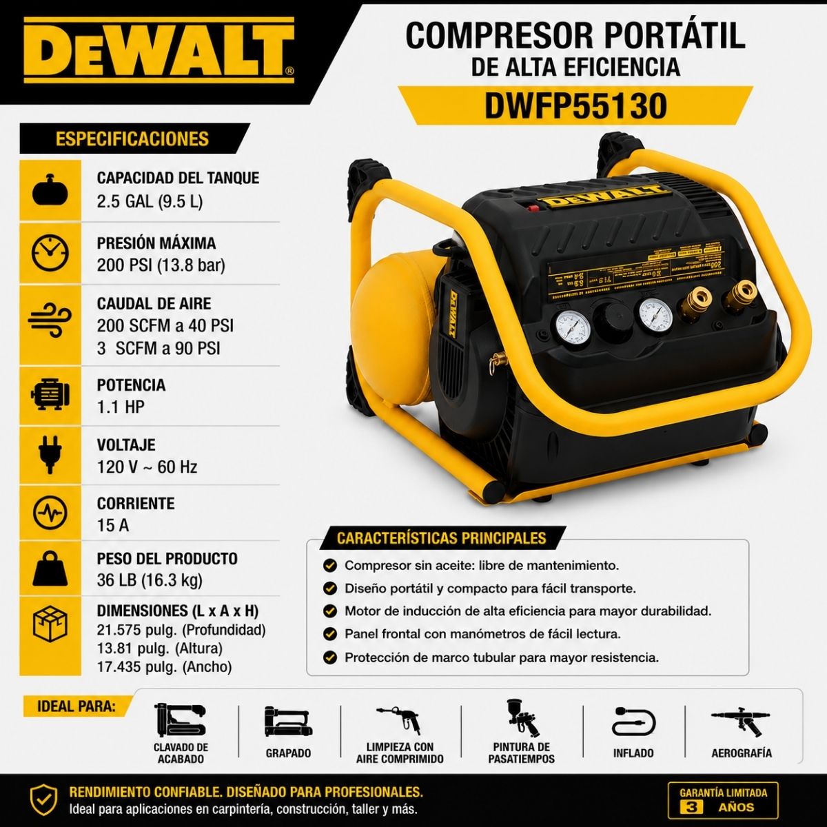 Compresor de aire portatil 2.5 Gal 200 PSI Y 1.1 Hp Dewalt DWFP55130