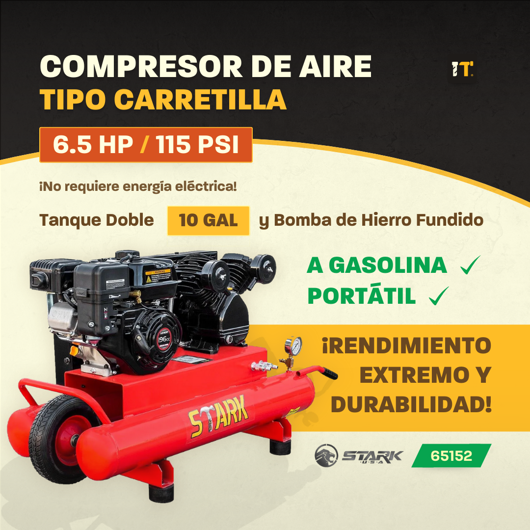 Compresor de aire tipo carretilla a gasolina de 10 galones y 6.5 HP con tanque doble 115 PSI Stark USA 65152