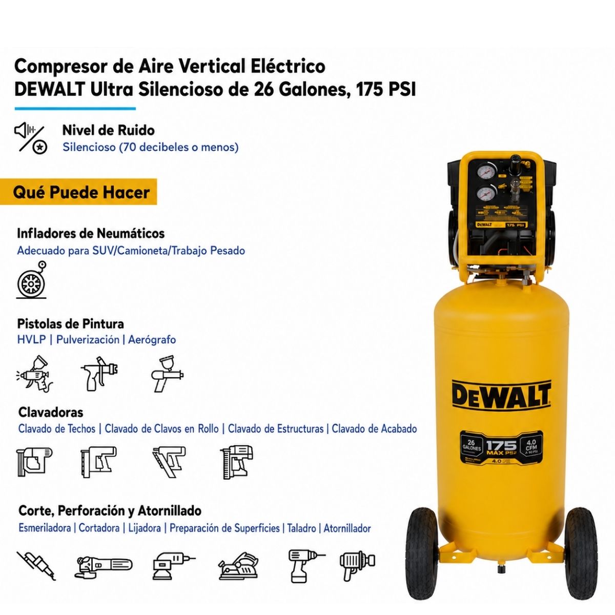 Compresor de aire eléctrico portátil ultra silencioso de 26 galones y 175 PSI Dewalt