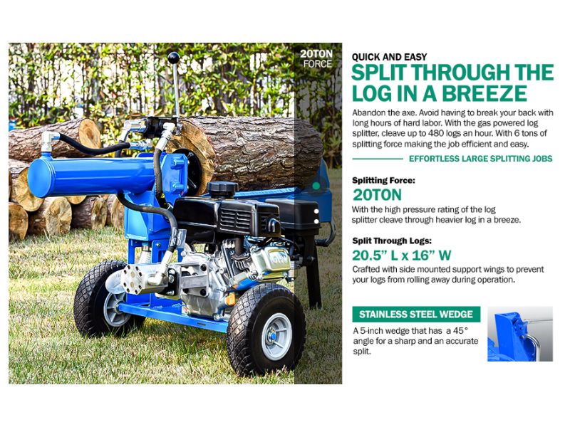 Cortadora de leña y troncos a gasolina de 20 Ton y motor de 7 HP Landworks