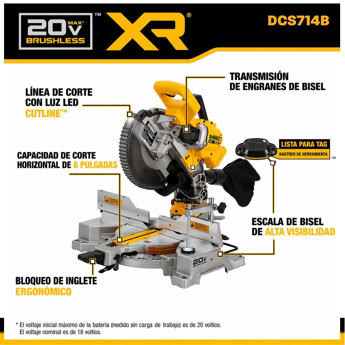 Sierra de inglete inalambrica de 10" doble bisel 20V XR Dewalt DCS714B + bateria 5AH