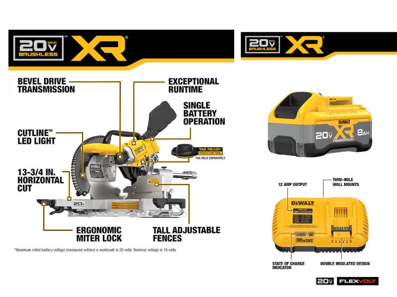 Sierra de inglete de doble bisel telescopica inhalambrica de 12" incluye cargador y pila Dewalt DCS785B