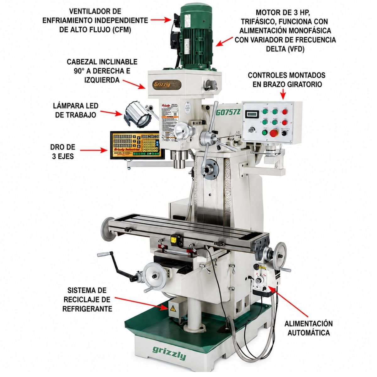 Fresadora horizontal/vertical de 9" x 39" y 3 HP con velocidad variable y visualizador digital de coordenadas (DRO)Grizzly G0757Z