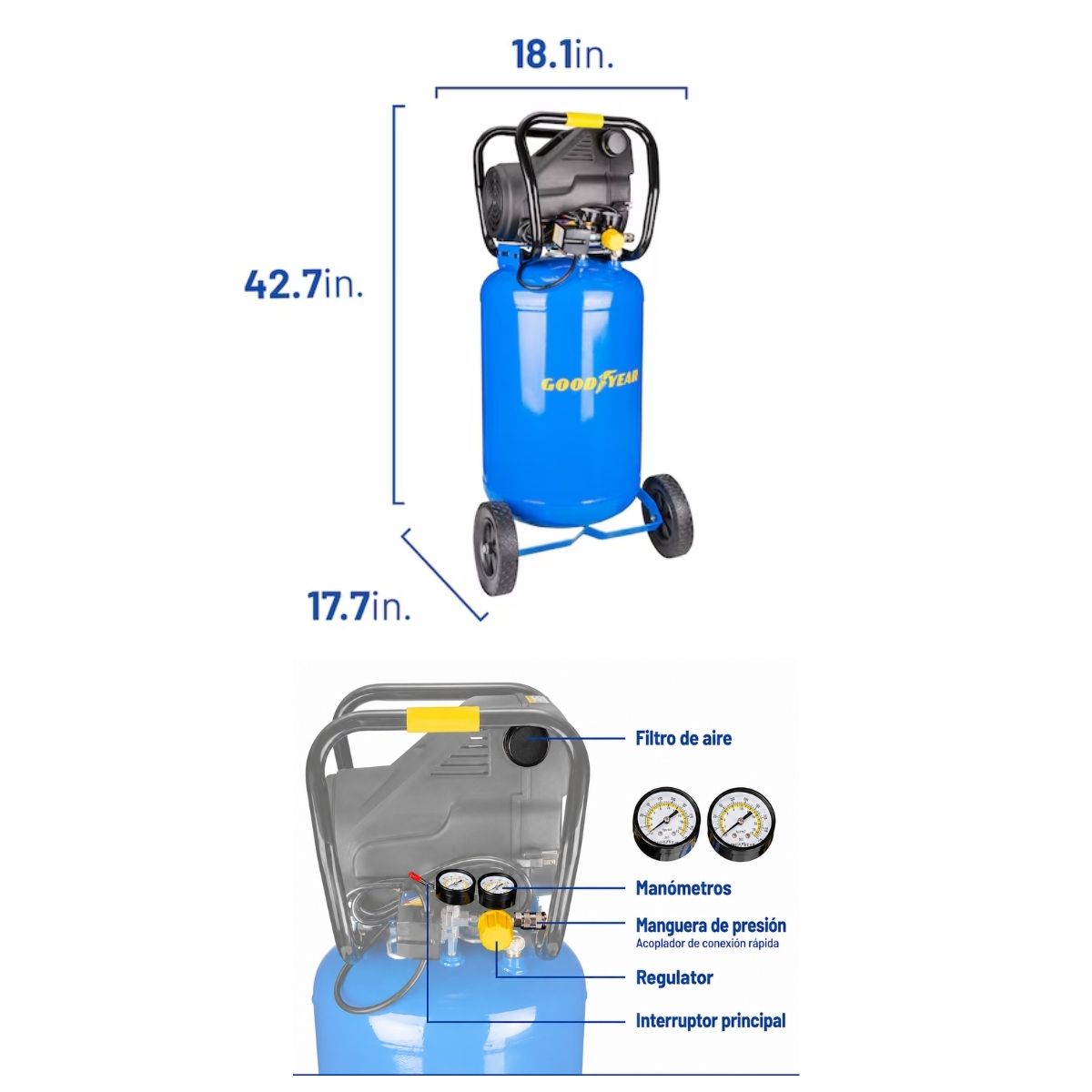 Compresor de aire vertical portatil de 20 galones y 165 psi Goodyear GYC6200S