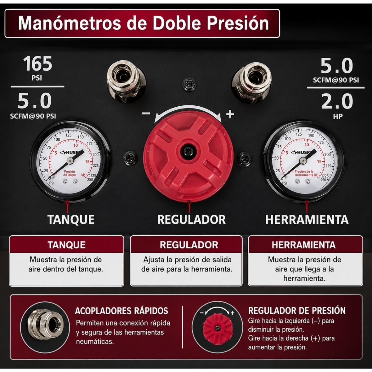 Compresor de aire vertical portatil silencioso de 27 gal y 165 Psi Husky