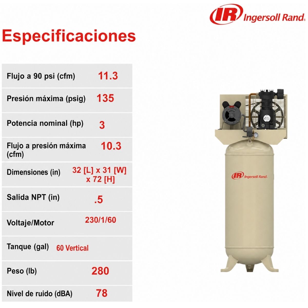 Compresor de aire vertical estacionario de 60 Gal y 135 PSI 230 V Ingersoll Rand SS3L3