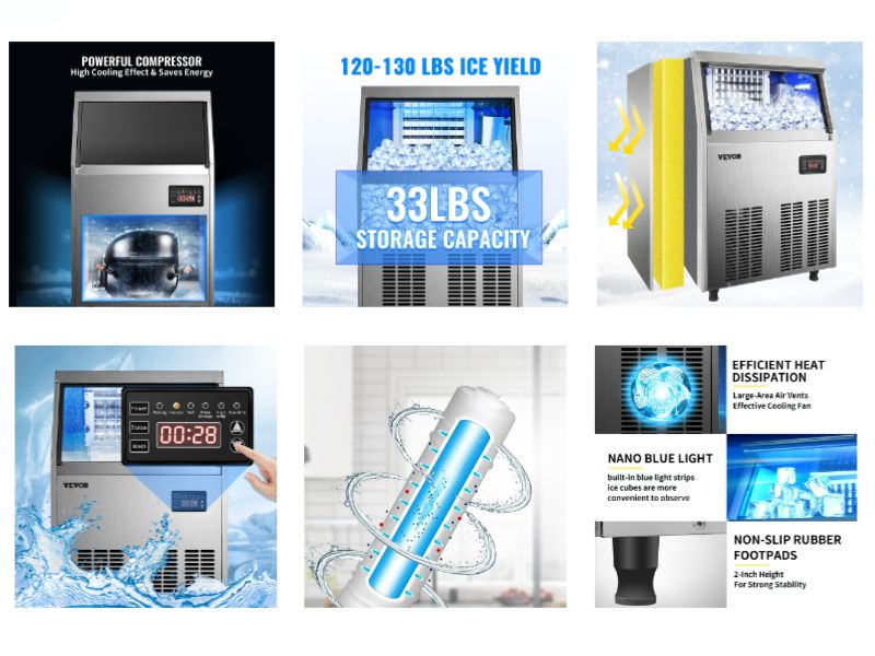 Máquina de hielo comercial de 60 kg/día - 120-130 lbs/24 hrs Vevor