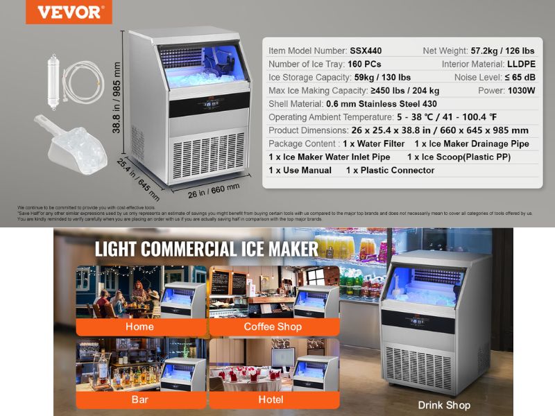 Máquina de hielo comercial de 200 kg/día - 450 lbs/24 hrs Vevor SSX440