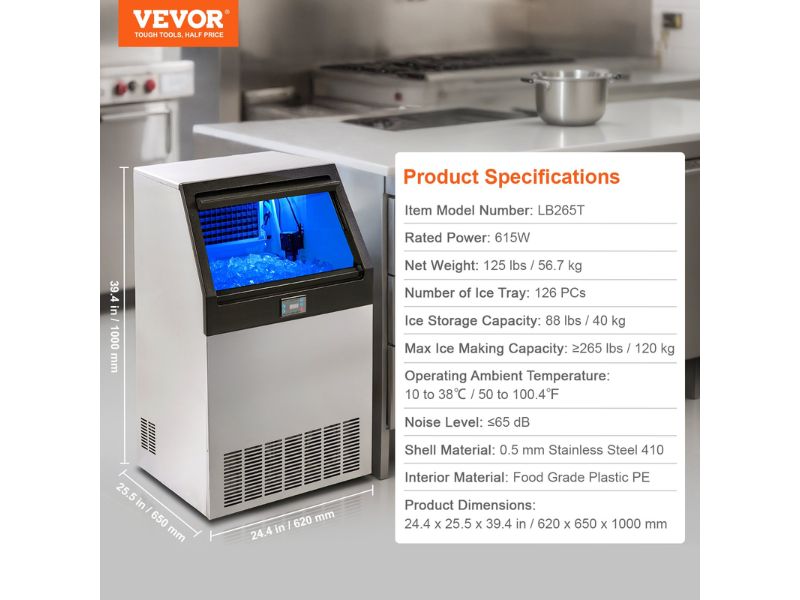 Máquina de hielo comercial 120 kg/día - 265 lbs/24 hrs Vevor LB265T