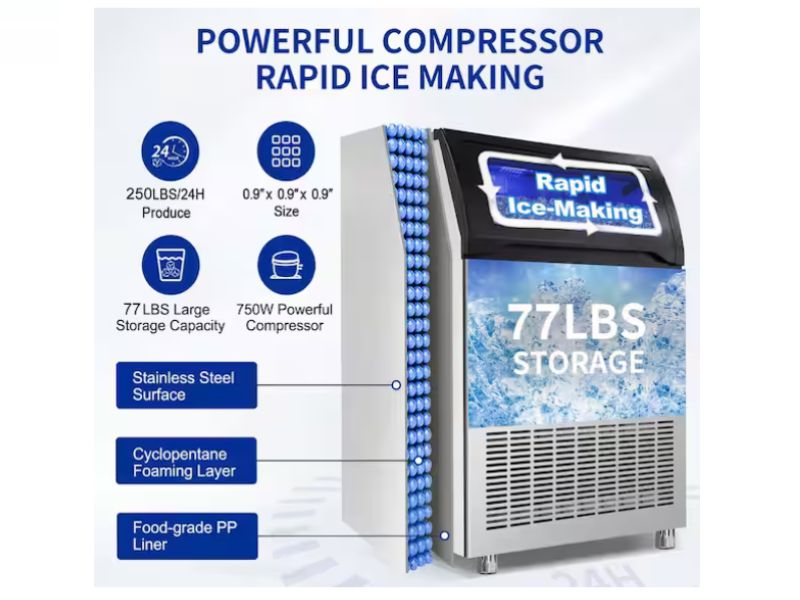 Máquina de hielo comercial de 250 lb/24h con almacenamiento de 77 lbs Velivi