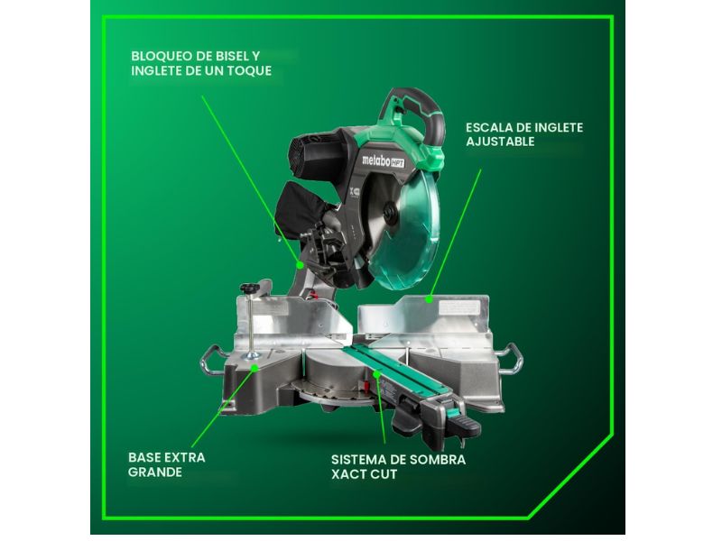 Sierra de inglete deslizante de 12" y 15 Amp doble bisel con linea de sombra Metabo HPT C12RSH3M