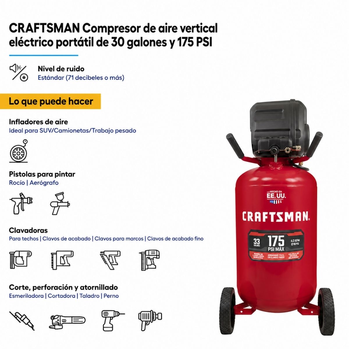 Compresor de aire vertical eléctrico portátil de 33 GAL/ 125 Lt y 175 psi Craftsman CMXECXM331