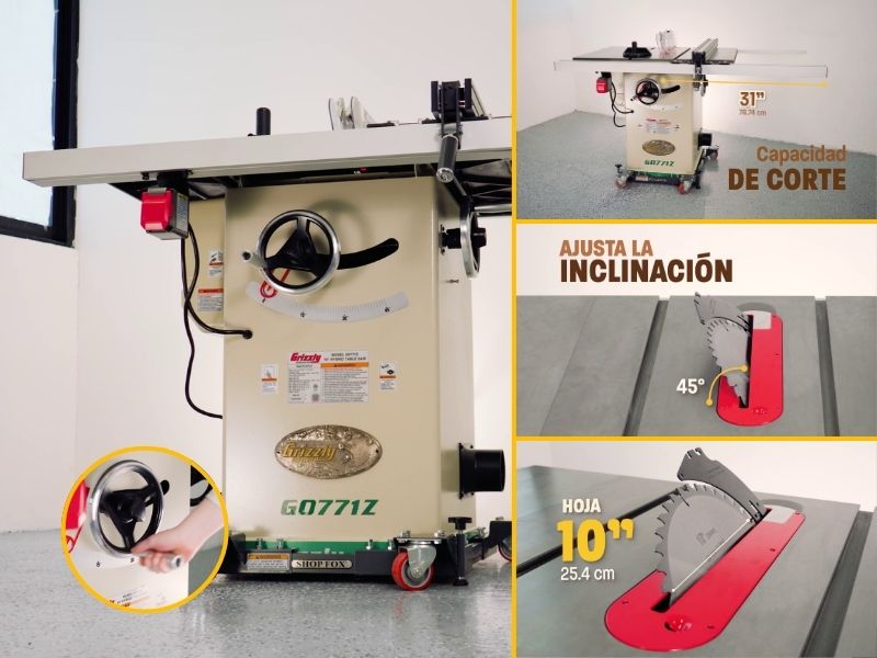 Sierra de mesa híbrida de 10" 2 HP G0771Z + Colector 1HP G8027 + Clavadora Neumatica Cal.18 W1774
