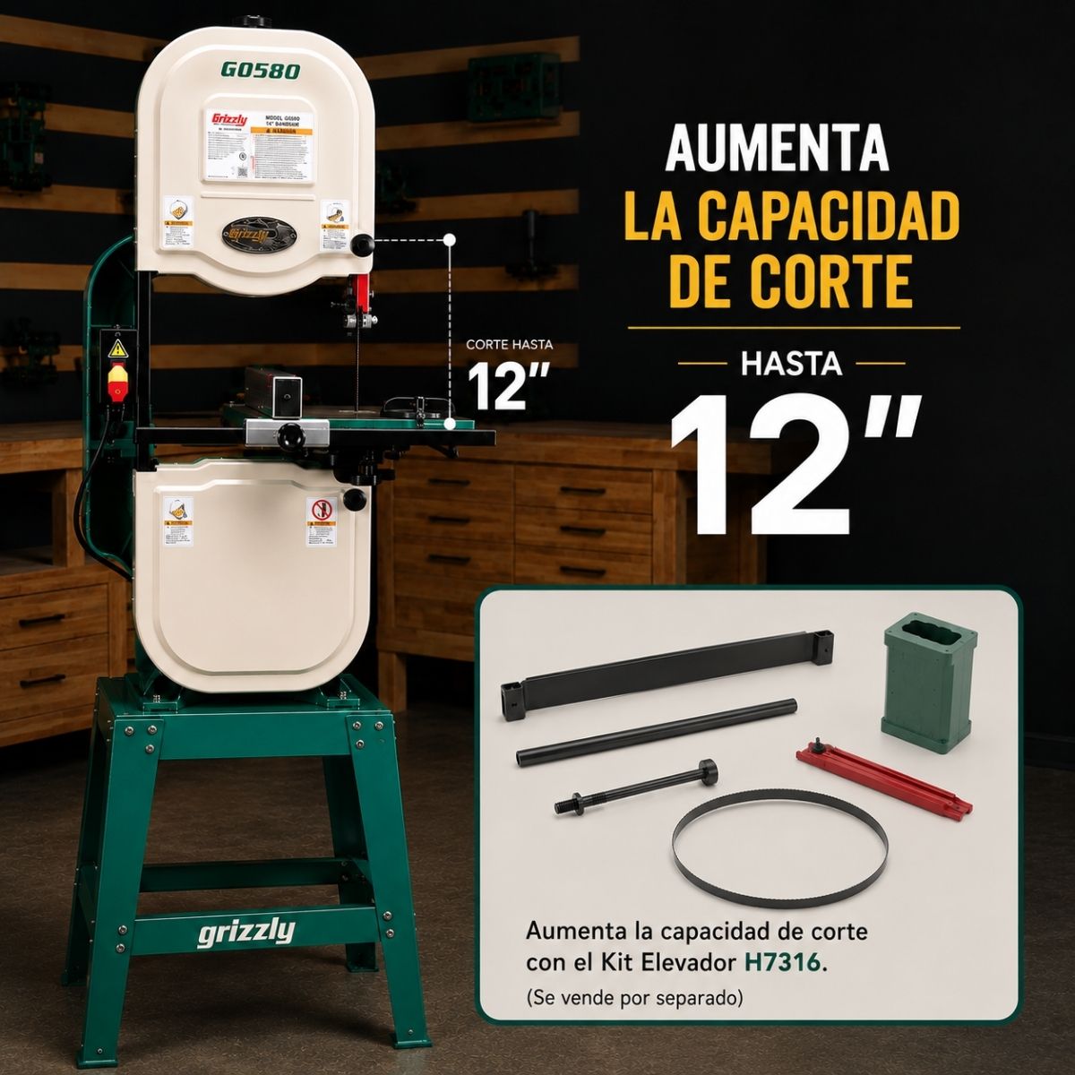 Sierra de cinta para madera de 14" y 3/4 HP Grizzly Industrial G0580