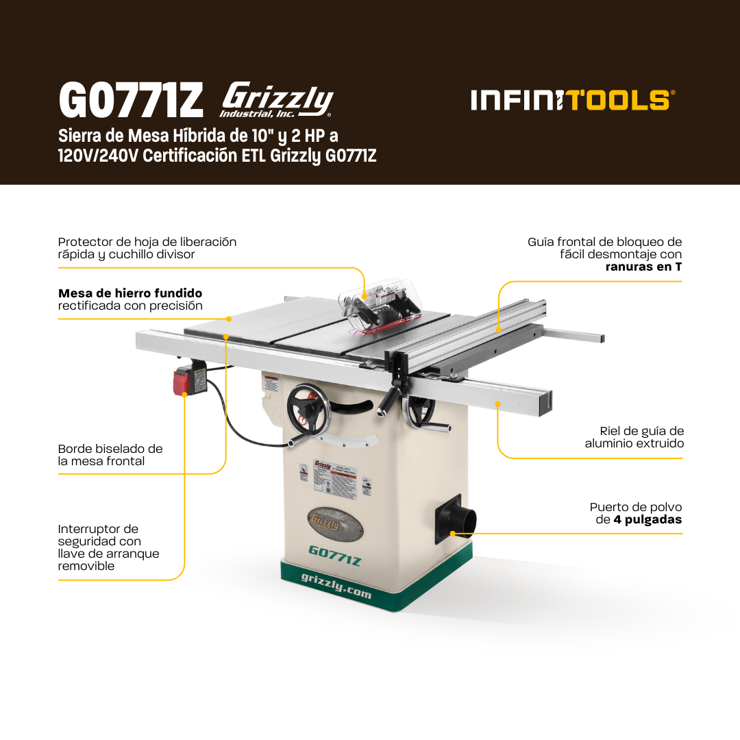 Sierra de mesa híbrida de 10" y 2 HP 120V/240V Certificación ETL Grizzly G0771Z