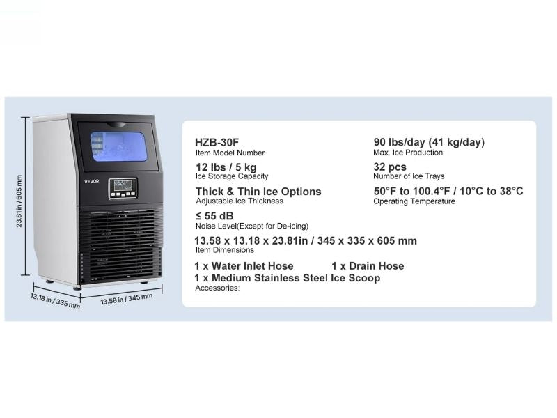 Maquina d ehielo comercial de 90 lbs/40 kgs/dia Vevor HZB-30F