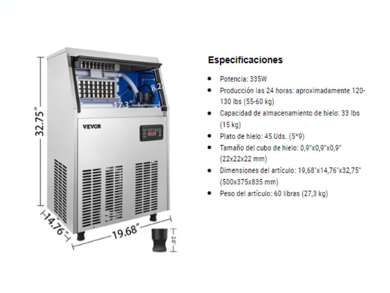 Máquina de hielo comercial de 60 kg/día - 120-130 lbs/24 hrs Vevor