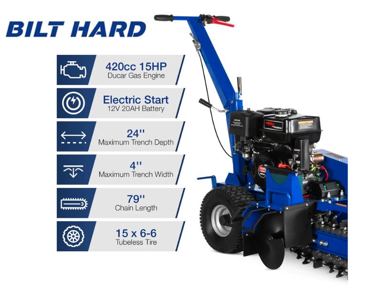 Zanjadora a gasolina de 24" con motor Ducar de 15 HP 420 CC Bilt Hard