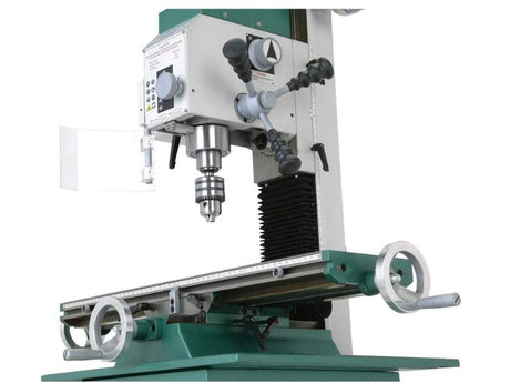 Taladro fresador tiene una mesa grande de 7-1/16 x 26-5/8 inch que se puede mover con volantes tanto en dirección longitudinal como transversal. Ambas direcciones de alimentación se pueden bloquear con las palancas de bloqueo de la mesa.  El G0759 también presenta gibs cónicos con doble bloqueo que agrega precisión y rigidez, una columna de cola de milano;
