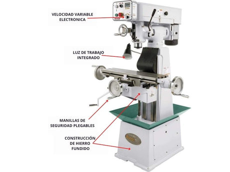fresadora vertical las caracteristicas incluyen manijas de seguridad plegables, lubricación de una sola aplicación, cabezal inclinable, avance fino hacia abajo y, por último, pero no menos importante, ¡Control de velocidad del husillo infinitamente variable con un tacómetro digital