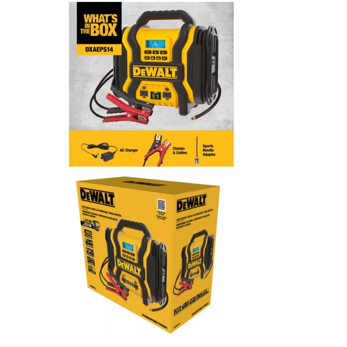 Arrancador portatil 3 en 1 de 2000 amp con compresor digital, USB y batería externa de CA Dewalt DXAEPS14
