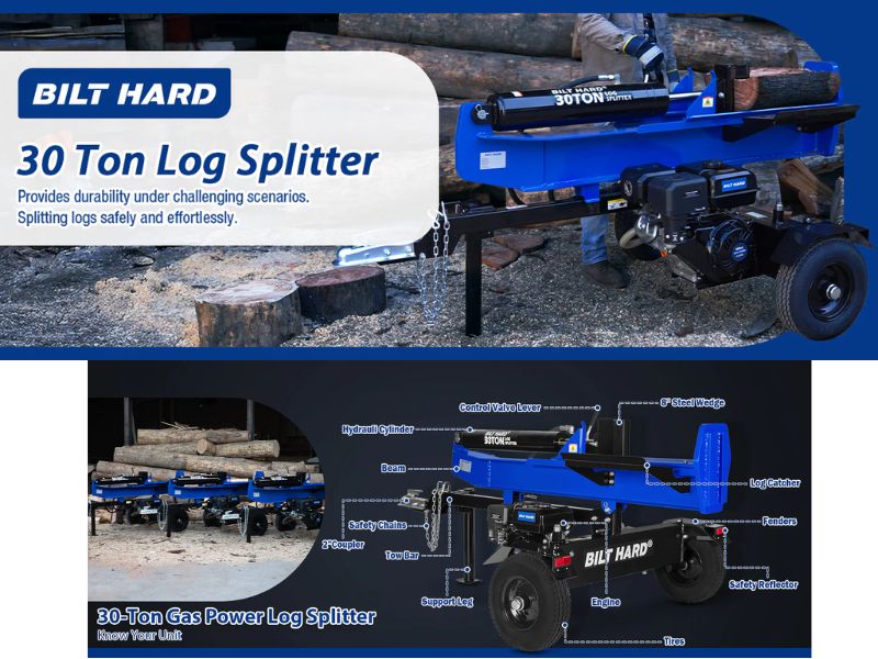 Cortadora de troncos leña de 30 Ton  con motor de 7.5 HP 223 CC Bilt Hard