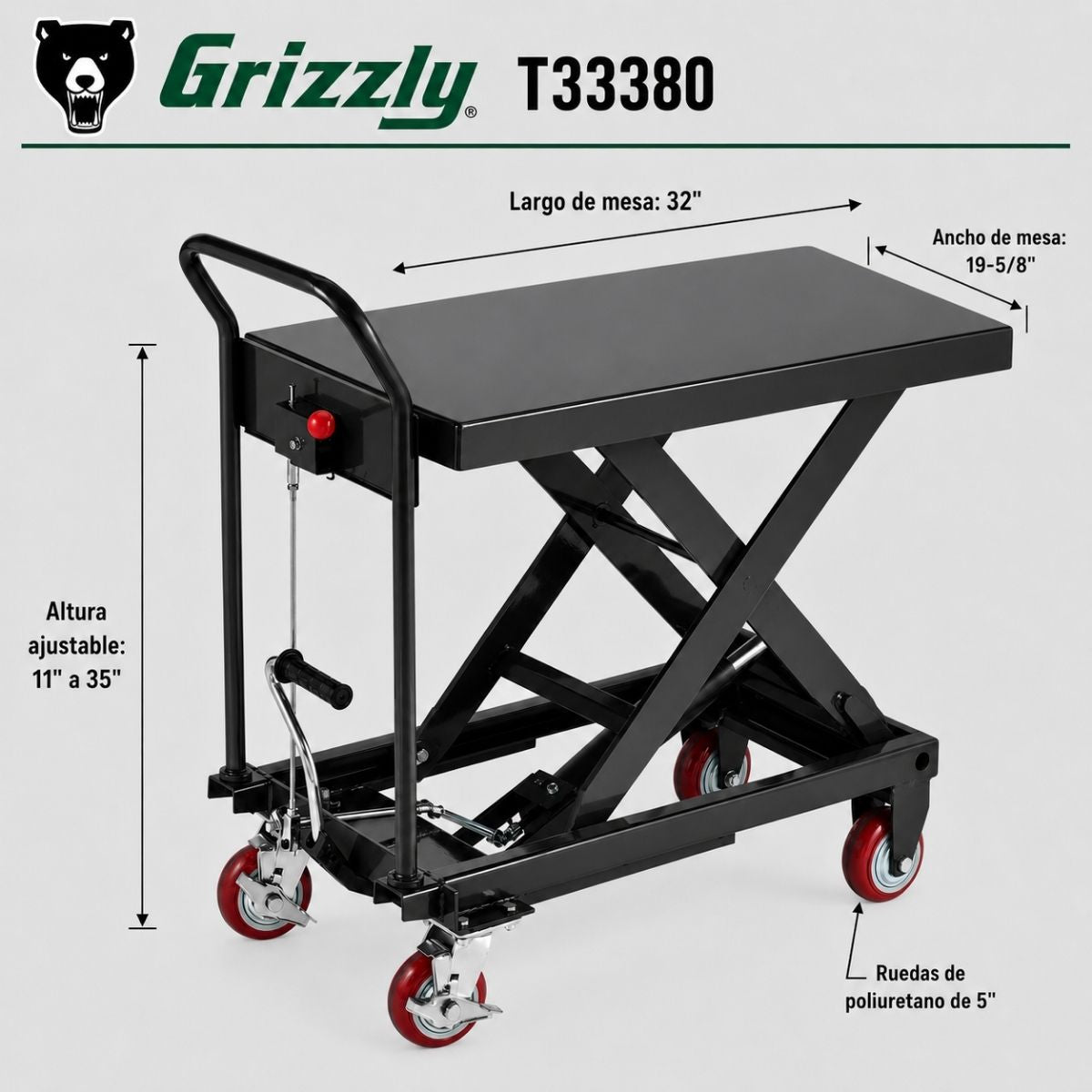 Carro con mesa elevadora hidraulica de capacidad de carga de 1100 lbs/ 500 kgs grizzly T33380