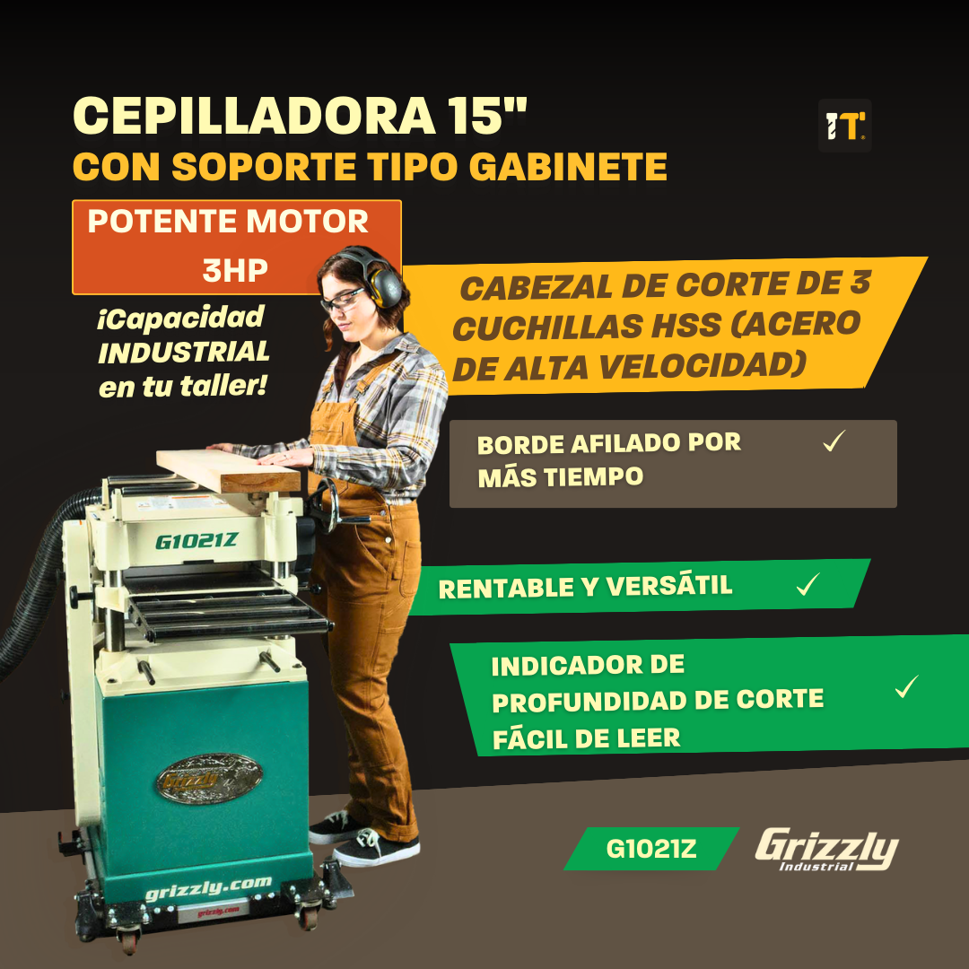 Cepillo cepilladora para madera de 15" y 3 HP 230V Grizzly G1021Z