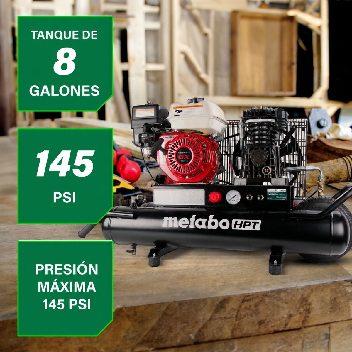 Compresor de aire con ruedas tipo carretilla a gasolina 8 galones Metabo HPT EC2510E