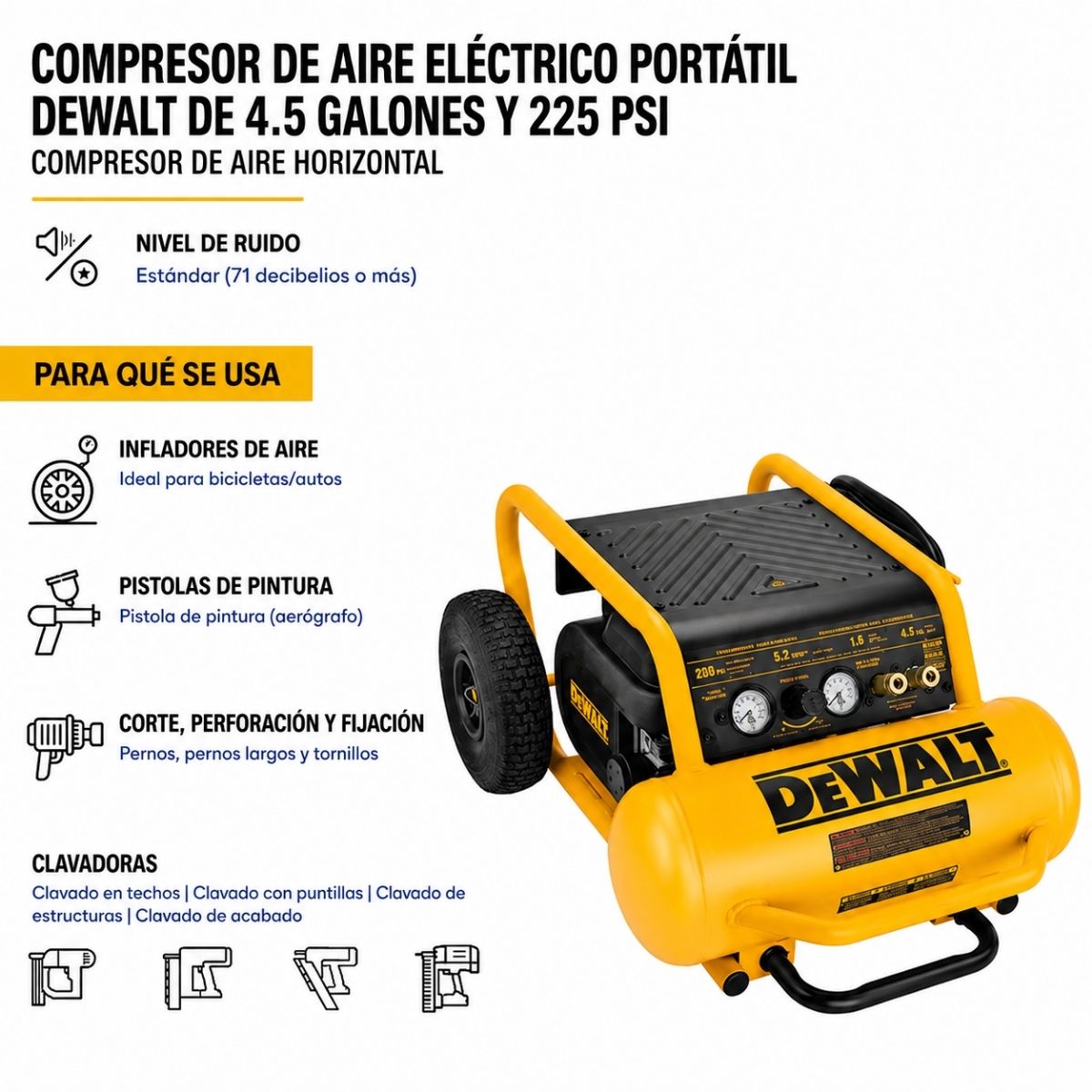 Compresor de aire eléctrico portátil horizontal de 4.5 galones y 225 PSI Dewalt  D55146