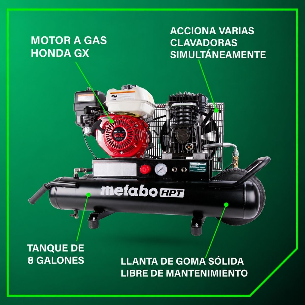 Compresor de aire con ruedas tipo carretilla a gasolina 8 galones Metabo HPT EC2510E