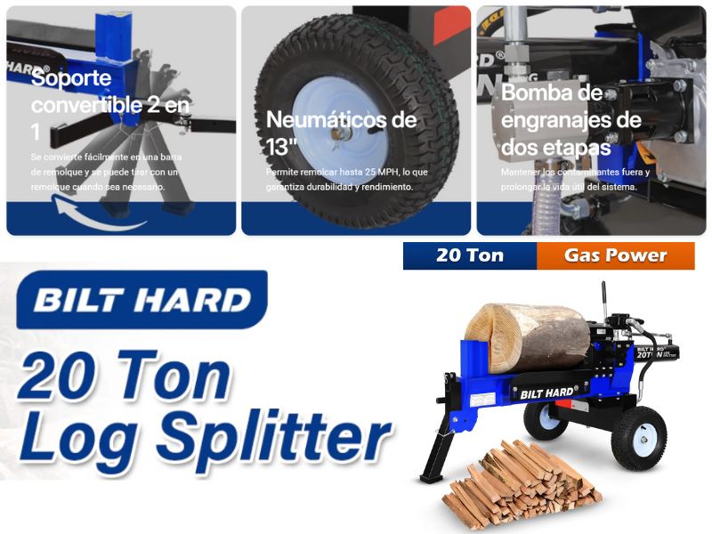 Cortadora de troncos leña de 20 ton con motor OHV 7 HP 209 CC Bilt hard