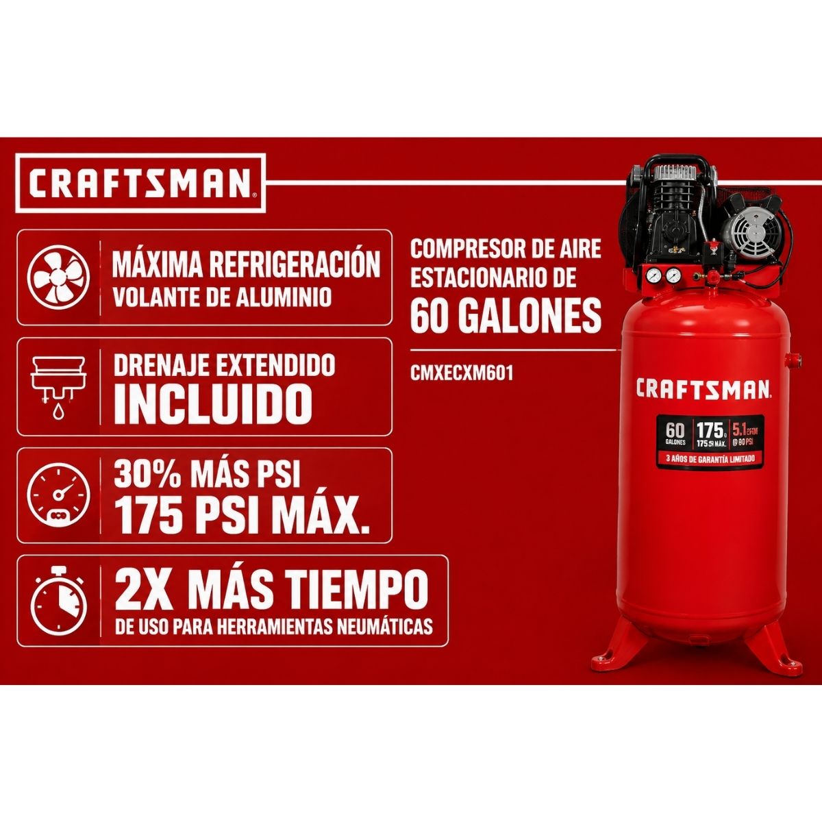 Compresor de aire vertical eléctrico de 60 galones y 175 PSI Craftsman CMXECXM601