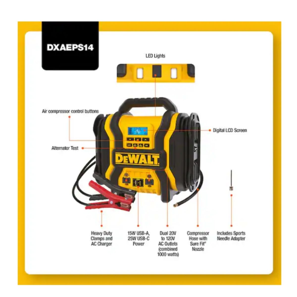Arrancador portatil 3 en 1 de 2000 amp con compresor digital, USB y batería externa de CA Dewalt DXAEPS14
