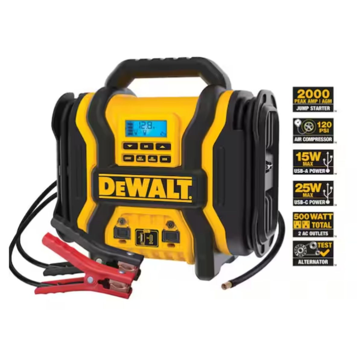Arrancador portatil 3 en 1 de 2000 amp con compresor digital, USB y batería externa de CA Dewalt DXAEPS14