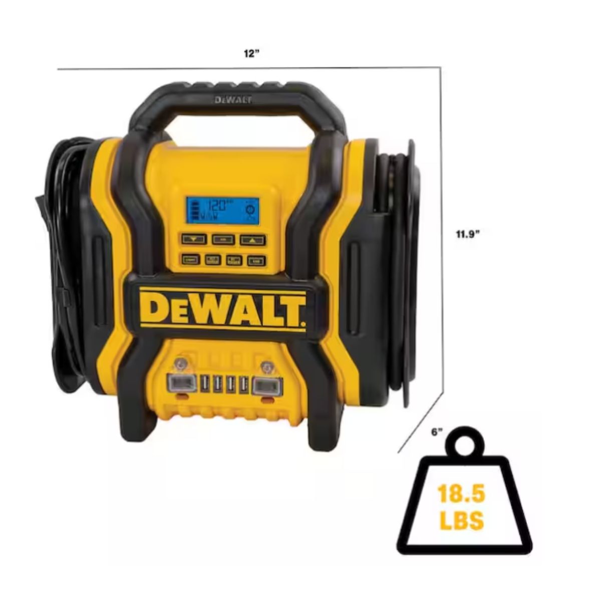 Arrancador portatil 3 en 1 de 2000 amp con compresor digital, USB y batería externa de CA Dewalt DXAEPS14