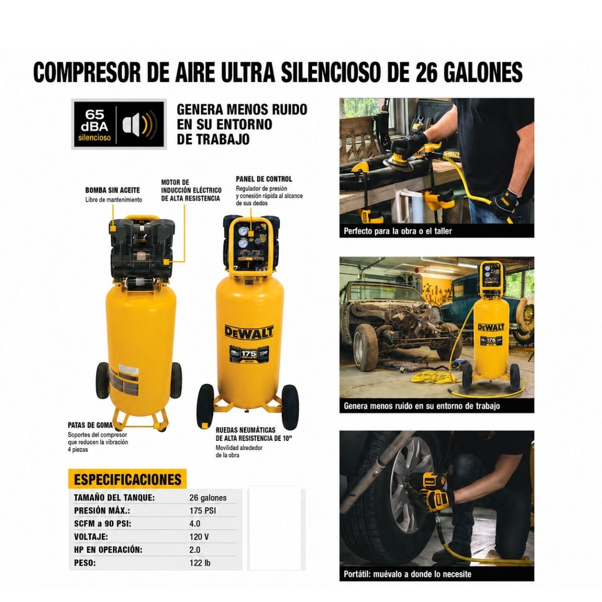 Compresor de aire eléctrico portátil ultra silencioso de 26 galones y 175 PSI Dewalt