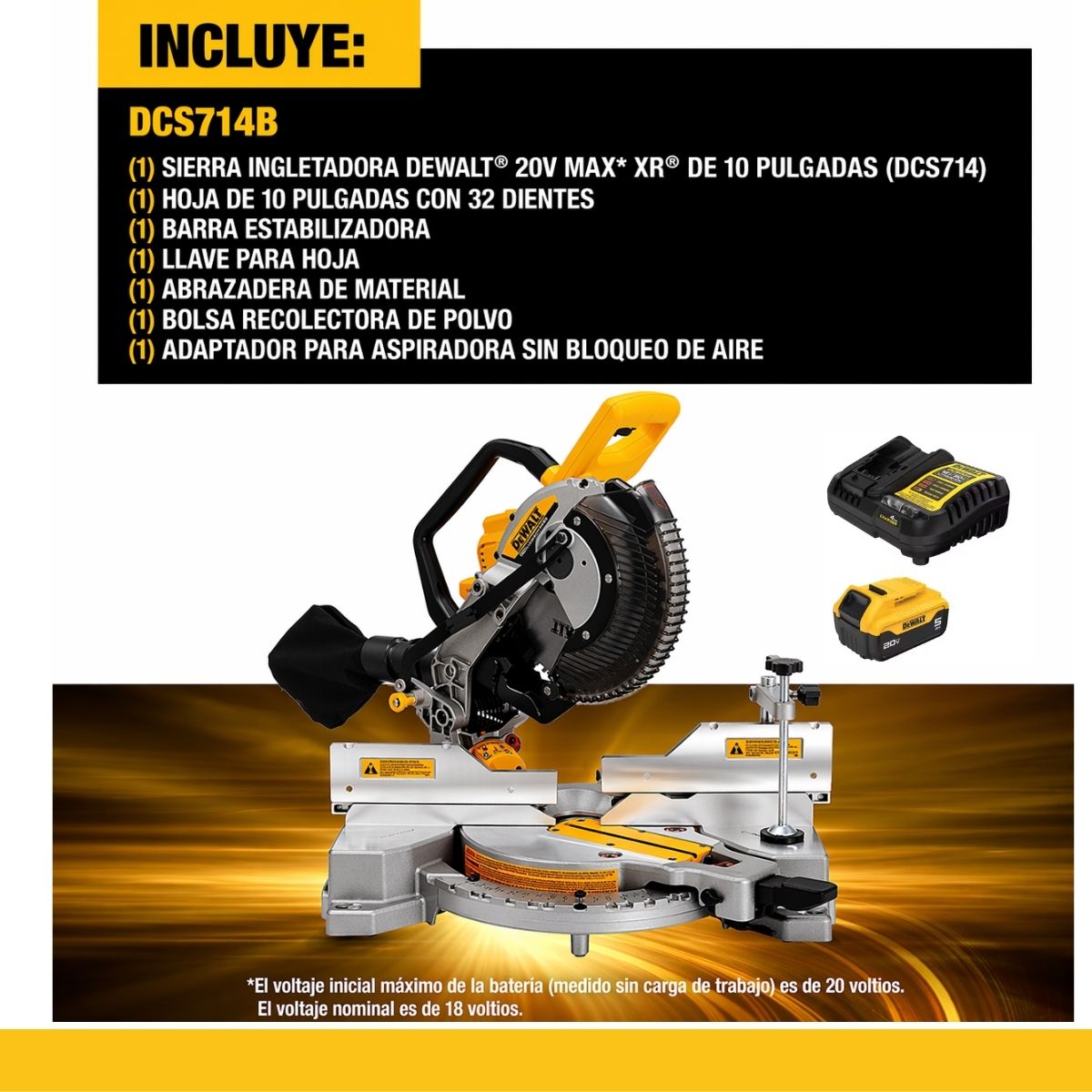 Sierra de inglete inalambrica de 10" doble bisel 20V XR Dewalt DCS714B + bateria 5AH