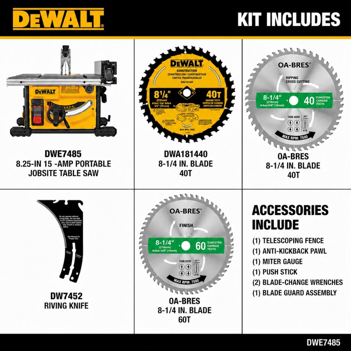 Sierra de mesa portatil de 8-1/4" Dewalt DWE7485 + 2 discos OA-BRES de 40 y 60 dientes