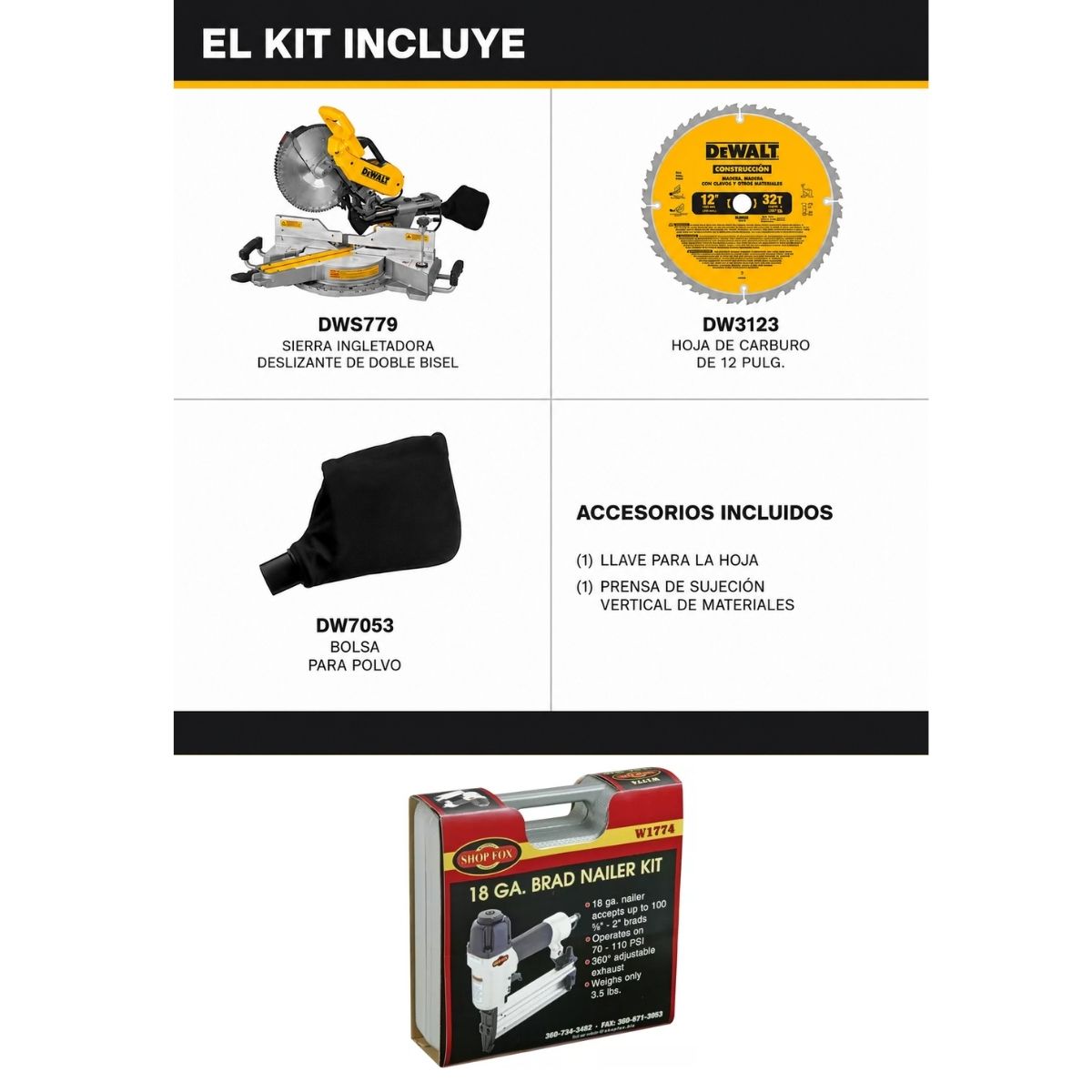 SIerra de inglete de 12" doble bisel Dewalt DWS779 + Clavadora shop Fox Cal 18 W1774