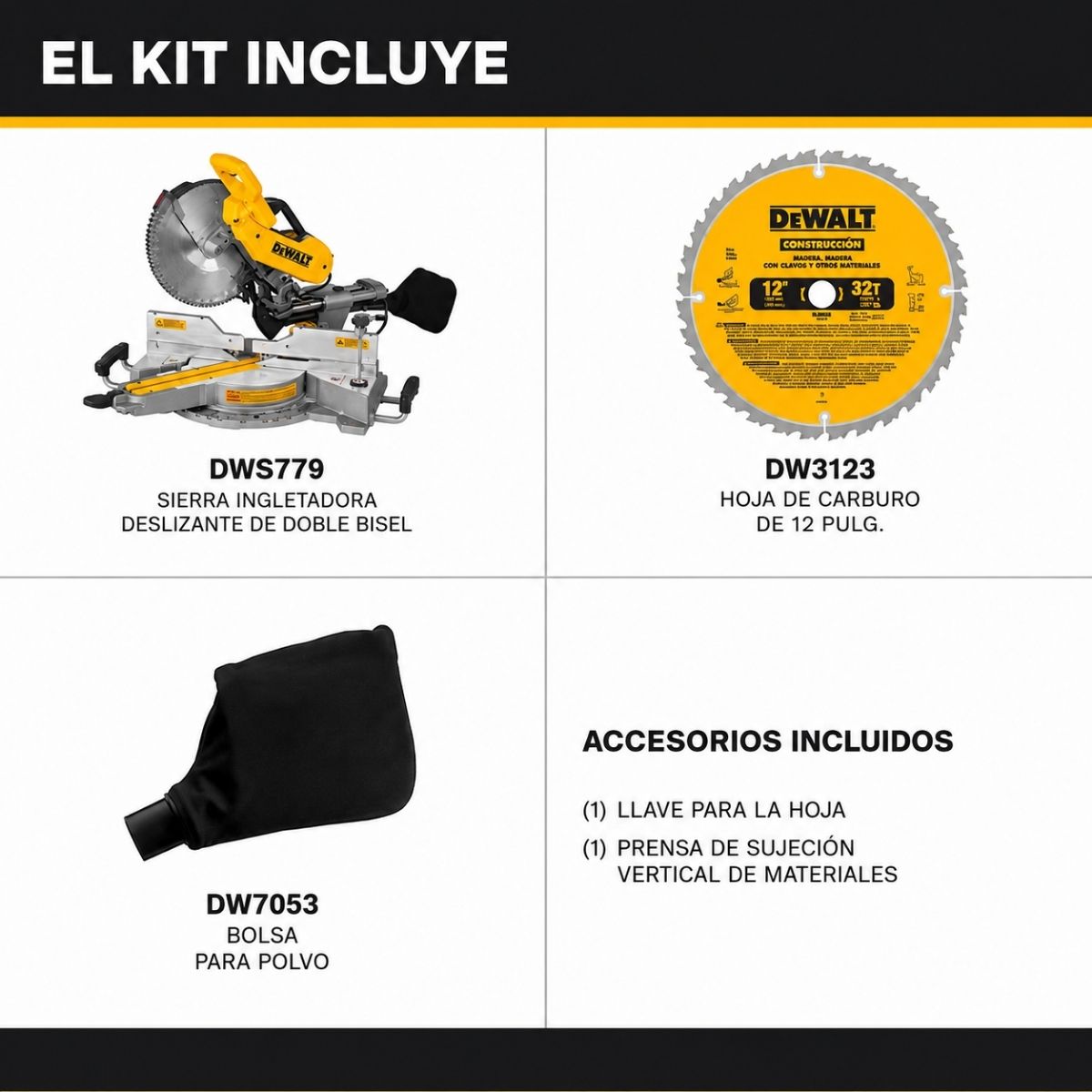 Sierra ingletadora compuesta deslizante de doble bisel de 12" DeWalt DWS779