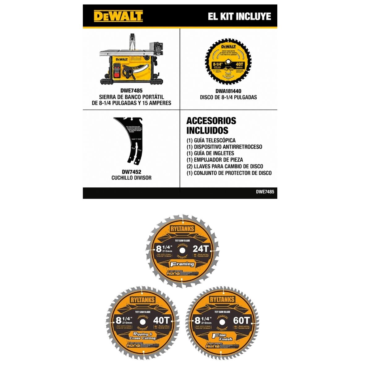 Sierra de mesa compacta 8-1/4 Dewalt Dwe7485 + 3 Discos Extra