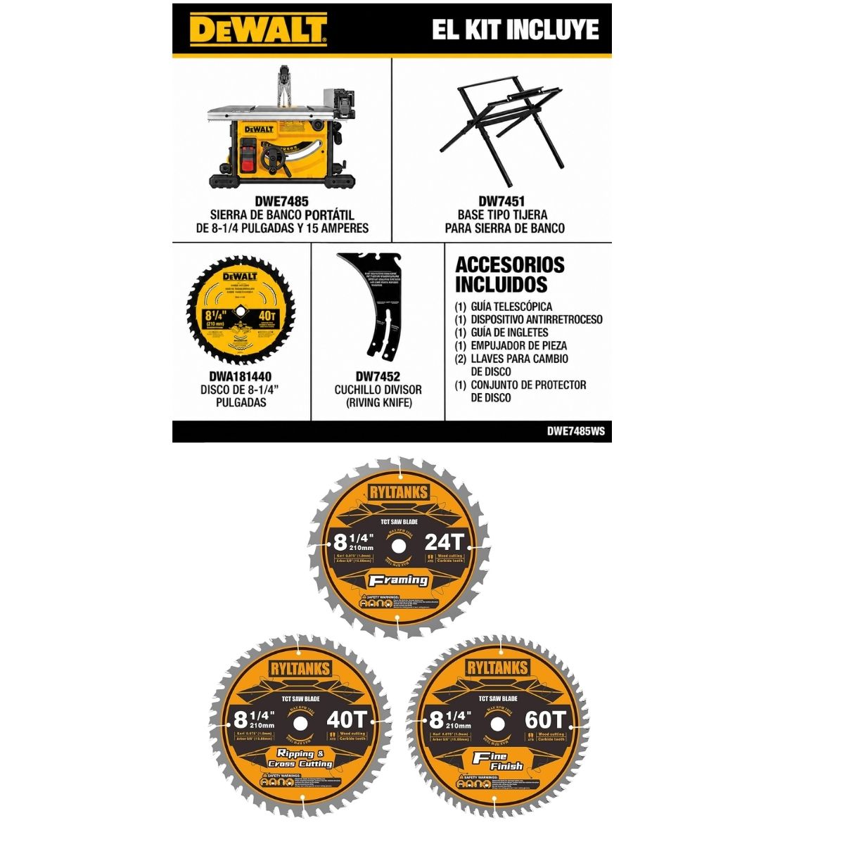 Sierra de mesa portatil de 8-1/4" con soporte Dewalt DWE7485WS + 3 discos extra de 24, 40 y 60 dientes