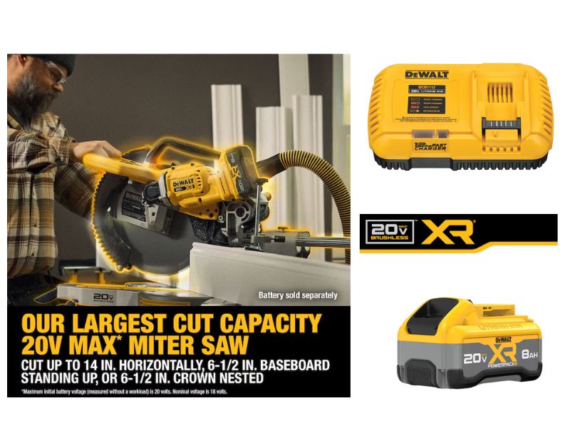 Sierra de inglete de doble bisel telescopica inhalambrica de 12" incluye cargador y pila Dewalt DCS785B