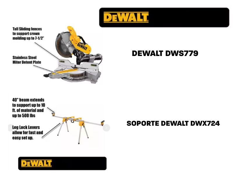 Sierra de inglete de 12" doble bisel Dewalt DWS779 + Soporte Dewalt DWX724